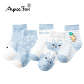 5 Pairs/Lot Children Cotton Socks Boy Girl Baby Striated Stretchy Kids Socks Soft Cute Cartoon Socks for 0-8T