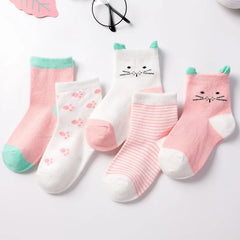 5 Pairs/Lot Children Cotton Socks Boy Girl Baby Striated Stretchy Kids Socks Soft Cute Cartoon Socks for 0-8T