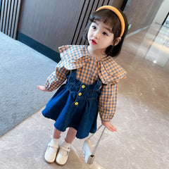 Baby Girls Plaid Blouse Sling Denim Dress Spring Long Sleeve Infant Girls Dress Set
