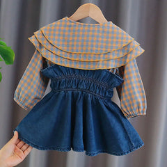Baby Girls Plaid Blouse Sling Denim Dress Spring Long Sleeve Infant Girls Dress Set