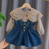 Baby Girls Plaid Blouse Sling Denim Dress Spring Long Sleeve Infant Girls Dress Set