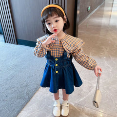 Baby Girls Plaid Blouse Sling Denim Dress Spring Long Sleeve Infant Girls Dress Set