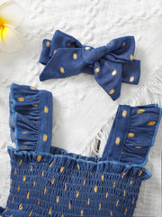 Infant Baby Girl Golden Dot Slip Blue Denim Dress with Headband 2Pcs Set 3-24m