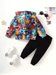 Baby Boy Casual Cute Monster Pattern Half Open Front Hoodie & Pants 2 piece set