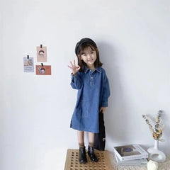 Girls Long-Sleeve Denim Casual Loose Pocket Toddler Dress