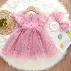 Girls Sweet Floral Puff Short Sleeve Princess Dress 1-8 years