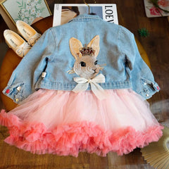 Girls Set Princess Dress + Rabbit Embroidered Denim Coat 2pcs for 3 To 7 Years