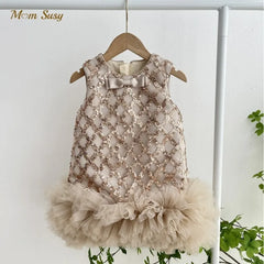 Girls Princess Sequins Tulle Dress Sleeveless Infant Toddler Girl Vintage Bow 1-8