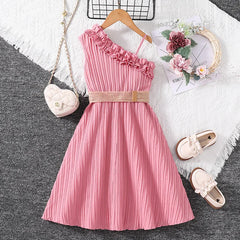 Girl Sleeveless Lace & Belt Dress For 4-12 Y
