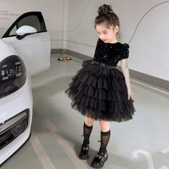 Girls Autumn and Winter New Hepburn Style Black Sequined Fluffy Dress