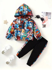 Baby Boy Casual Cute Monster Pattern Half Open Front Hoodie & Pants 2 piece set