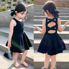 Toddler Girls Dress Black Cross Backless For 1-7 Y Girls