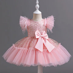 Girls Flying Sleeves Big Bow Mesh Princess Dress