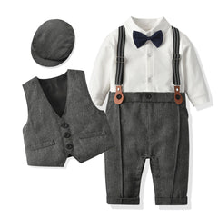 Baby Boys Gentleman Suit Formal Birthday Outfit Jumpsuit+Vest+Bow tie+Suspender 0-3y