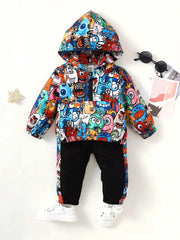 Baby Boy Casual Cute Monster Pattern Half Open Front Hoodie & Pants 2 piece set