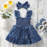 Infant Baby Girl Golden Dot Slip Blue Denim Dress with Headband 2Pcs Set 3-24m