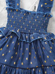 Infant Baby Girl Golden Dot Slip Blue Denim Dress with Headband 2Pcs Set 3-24m