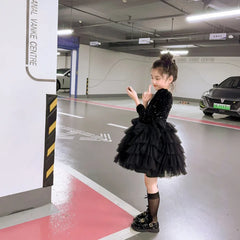 Girls Autumn and Winter New Hepburn Style Black Sequined Fluffy Dress