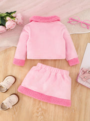 2-Piece Set Autumn And Winter New Cute Baby Girl Fur Suit Spliced Collar Fur Collar Jacket + Plush Skirt Sweet And Comfortable