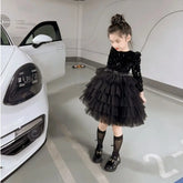 Girls Autumn and Winter New Hepburn Style Black Sequined Fluffy Dress
