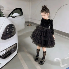 Girls Autumn and Winter New Hepburn Style Black Sequined Fluffy Dress