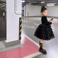 Girls Autumn and Winter New Hepburn Style Black Sequined Fluffy Dress