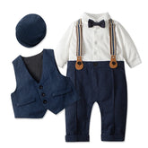 Baby Boys Gentleman Suit Formal Birthday Outfit Jumpsuit+Vest+Bow tie+Suspender 0-3y