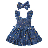 Infant Baby Girl Golden Dot Slip Blue Denim Dress with Headband 2Pcs Set 3-24m
