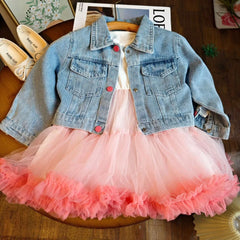 Girls Set Gauze Princess Dress + Rabbit Embroidered Denim Coat 2pcs 3-7 Years