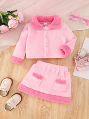 2-Piece Set Autumn And Winter New Cute Baby Girl Fur Suit Spliced Collar Fur Collar Jacket + Plush Skirt Sweet And Comfortable