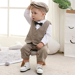 Baby Boys Gentleman Suit Formal Birthday Outfit Jumpsuit+Vest+Bow tie+Suspender 0-3y