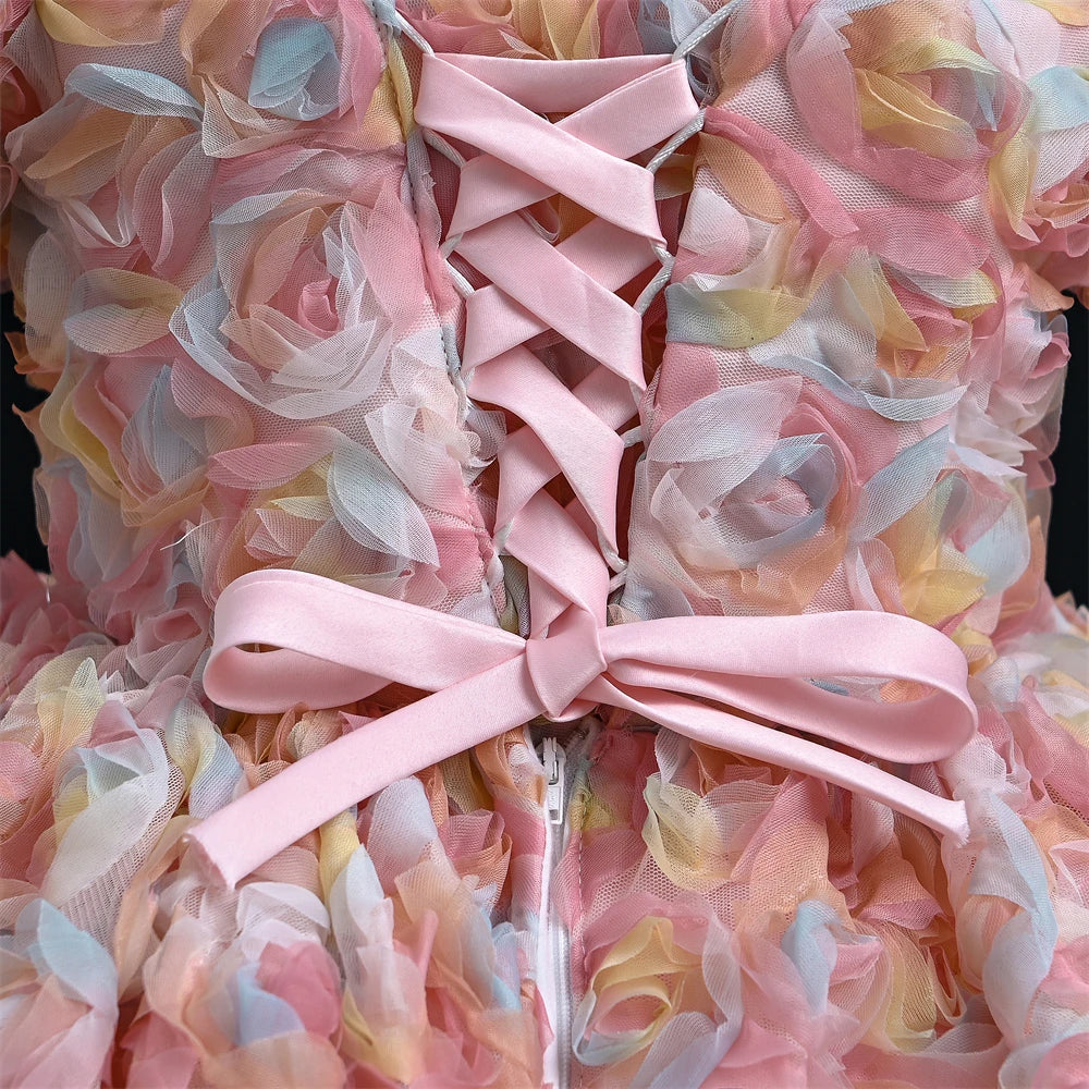 Yoliyolei 3D Flower Party Dresses For Girls Necklace Design Mid Calf Length Adjustable Drawstring Girls Dresses For Eid