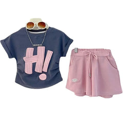 Girls Clothes Sets 2024 Summer Children Short-sleeved Suit Teenage Girls Letter T-shirt Shorts Tracksuit Outfit Clothing Set