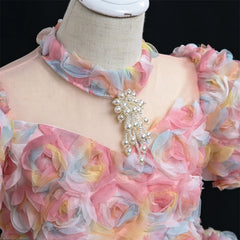 Yoliyolei 3D Flower Party Dresses For Girls Necklace Design Mid Calf Length Adjustable Drawstring Girls Dresses For Eid