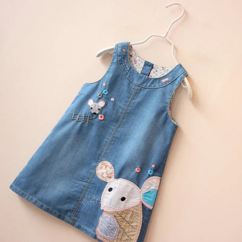 Cartoon Mouse Embroidery Little Girls Summer Denim Dress Cozy Sleeveless A-line Kids Dresses For Toddler Girl Clothing 2-6 Yrs