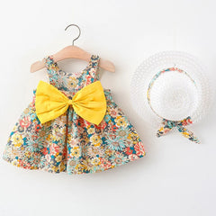 2Piece Sets Summer Toddler Girl Clothes Korean Fashion Flowers Cute Bow Sleeveless Princess Baby Dresses+Sunhat Kids Dress BC136