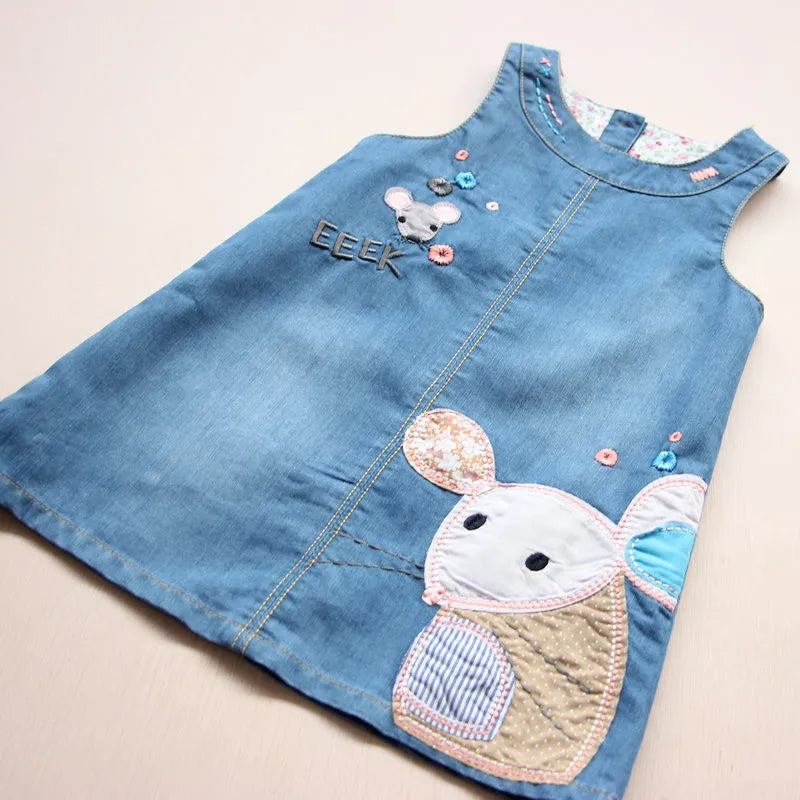 Cartoon Mouse Embroidery Little Girls Summer Denim Dress Cozy Sleeveless A-line Kids Dresses For Toddler Girl Clothing 2-6 Yrs