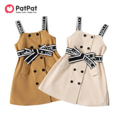 PatPat Toddler Girl Dresses Letter Print Button Design Belted Strap Sleeveless Suspenders Dress Girl kids Dress