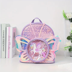 Toddlers Backpack Cartoon Unicorn Schoolbag Sequin Transparent Butterfly Wings Bookbag for Girl Kids Waterproof School Bag 2024