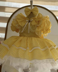 0-12Y Girl Summer Turkish Vintage Princess Yellow Plaid Dress for Easter Eid Birthday Photography