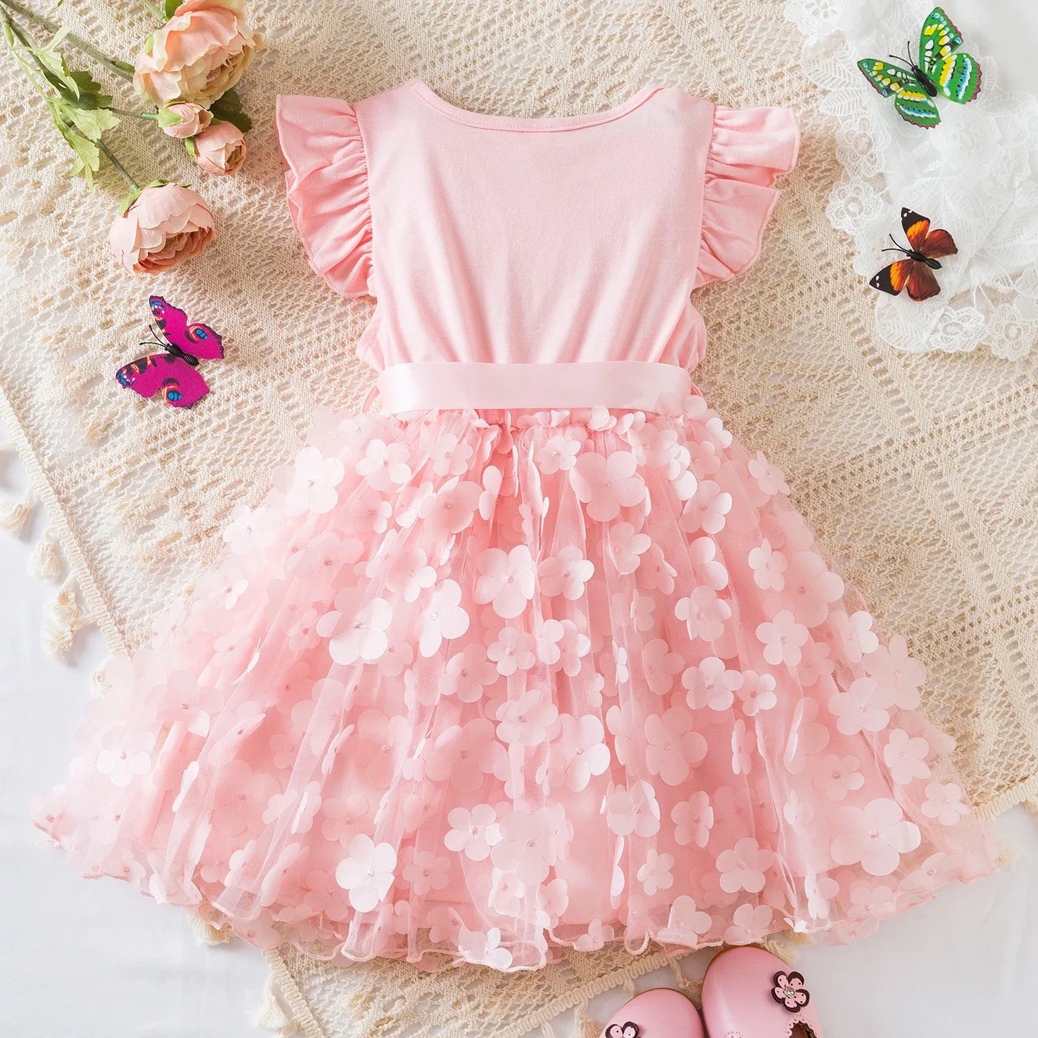 1-6 Years Little Girl Princess Dresses for Weddings Baby Girls Dress For Eid Butterfly Birthday Children Pink Ceremony Clothing