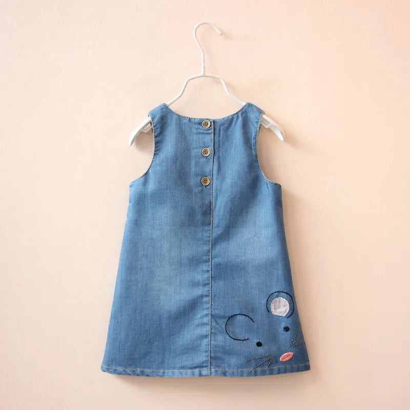 Cartoon Mouse Embroidery Little Girls Summer Denim Dress Cozy Sleeveless A-line Kids Dresses For Toddler Girl Clothing 2-6 Yrs