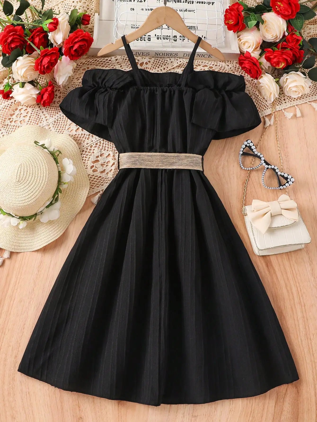 Girls Summer Elegant Fashion Black Belt Dress