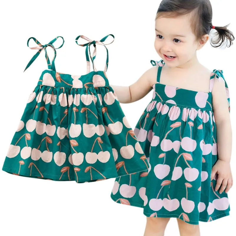 فستان صيفي للفتيات الصغيرات مصنوع من القطن بحزام مطبوع للأطفال فساتين بحزام مطبوع