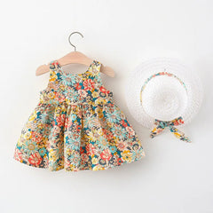 2Piece Sets Summer Toddler Girl Clothes Korean Fashion Flowers Cute Bow Sleeveless Princess Baby Dresses+Sunhat Kids Dress BC136