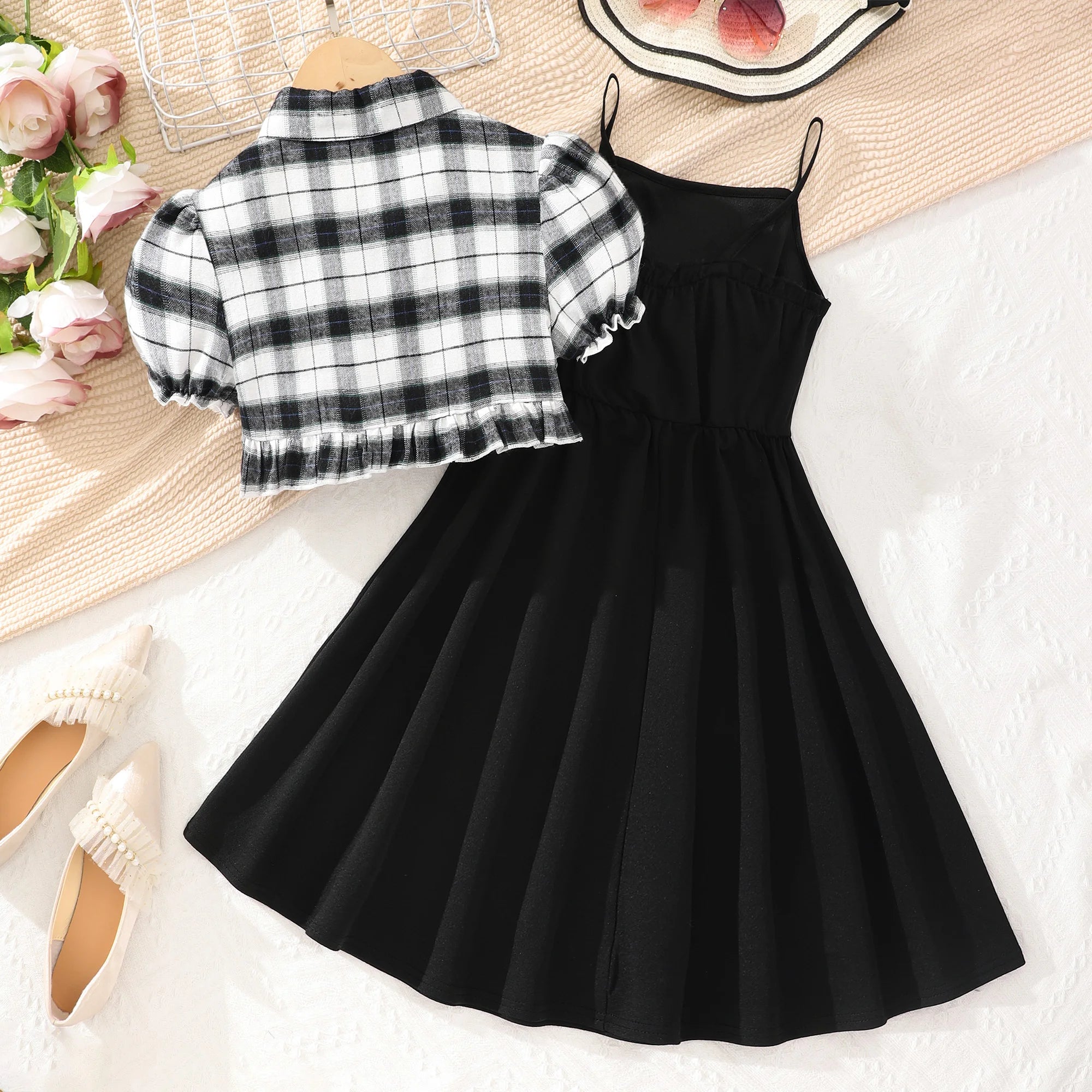 Tween Girls Asymmetric Plaid Shirt + Suspender Dress Two-piece Set Elegant & Classic Summer Outfit
