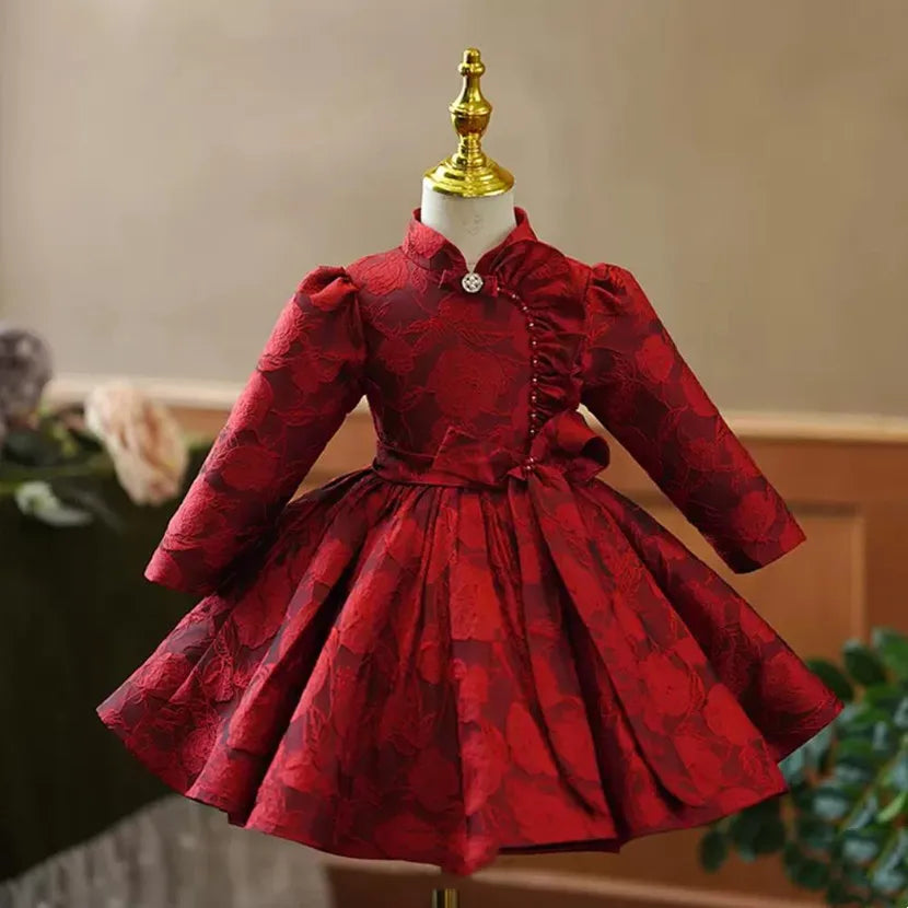 2022 جديد ثوب مسائي للأطفال القوس تصميم الإسبانية خمر الفتيات حفلة عيد ميلاد المعمودية فساتين حمراء للعيد A2051