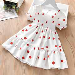 Cute Baby Girls Dress Polka Dot Print Puff Sleeve Knee Length A-Line Holiday Summer Sundress Children Vestido Fit For 2-7Years