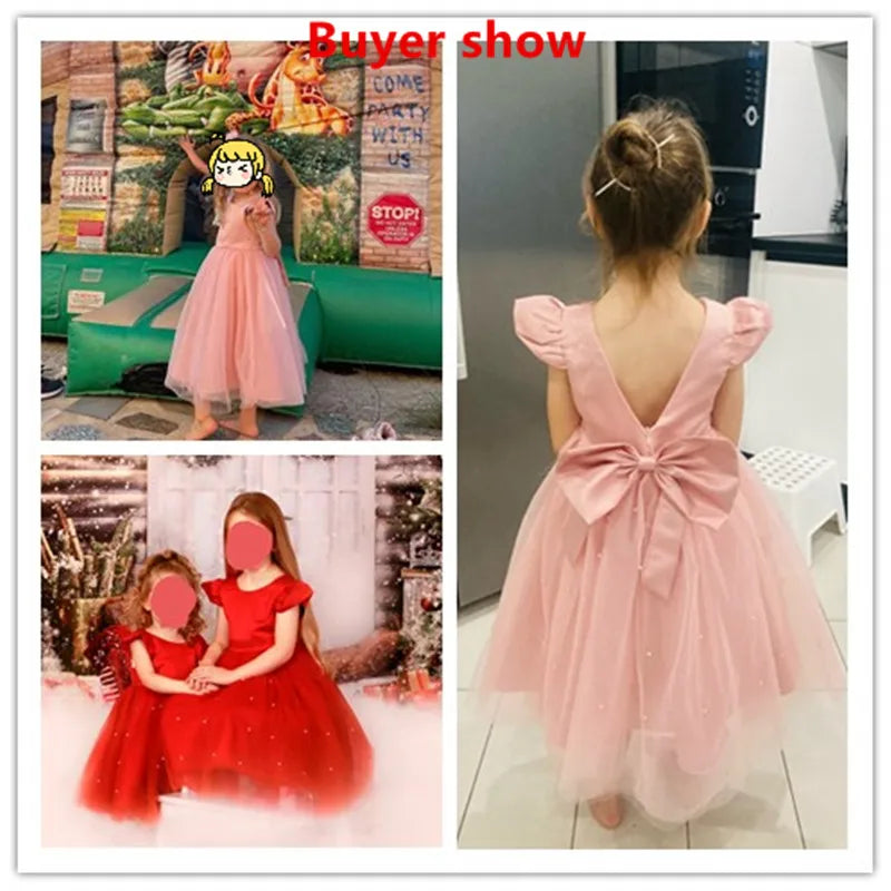 Toddler Girl Flower Birthday Tulle Dress Backless Bow Wedding Gown Kids Party Wear Princess Blue Dress Baby Girl Bowknot Dresses